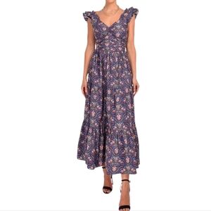 Caroline Constas Blue Pink Palsy Floral Maxi Dress with Ruffle Sleeves Size Med